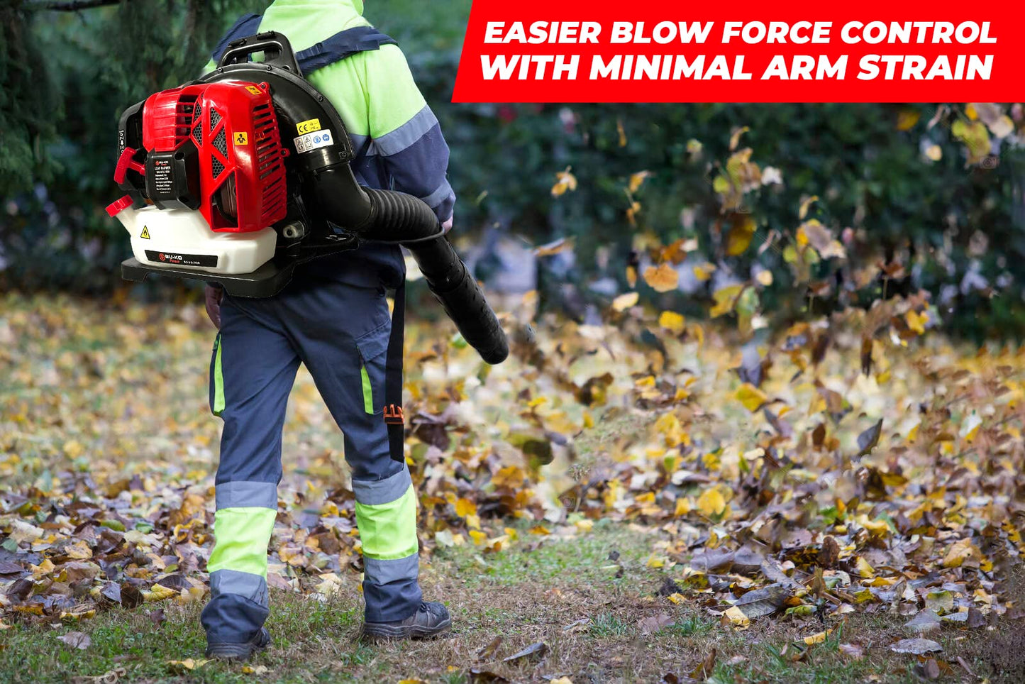 BU-KO 63CC Petrol Backpack Leaf Blower - Powerful 2 Stroke Air Cooled Engine - Lightweight With New and Improved Padded Support Straps While Using - Safety Gear