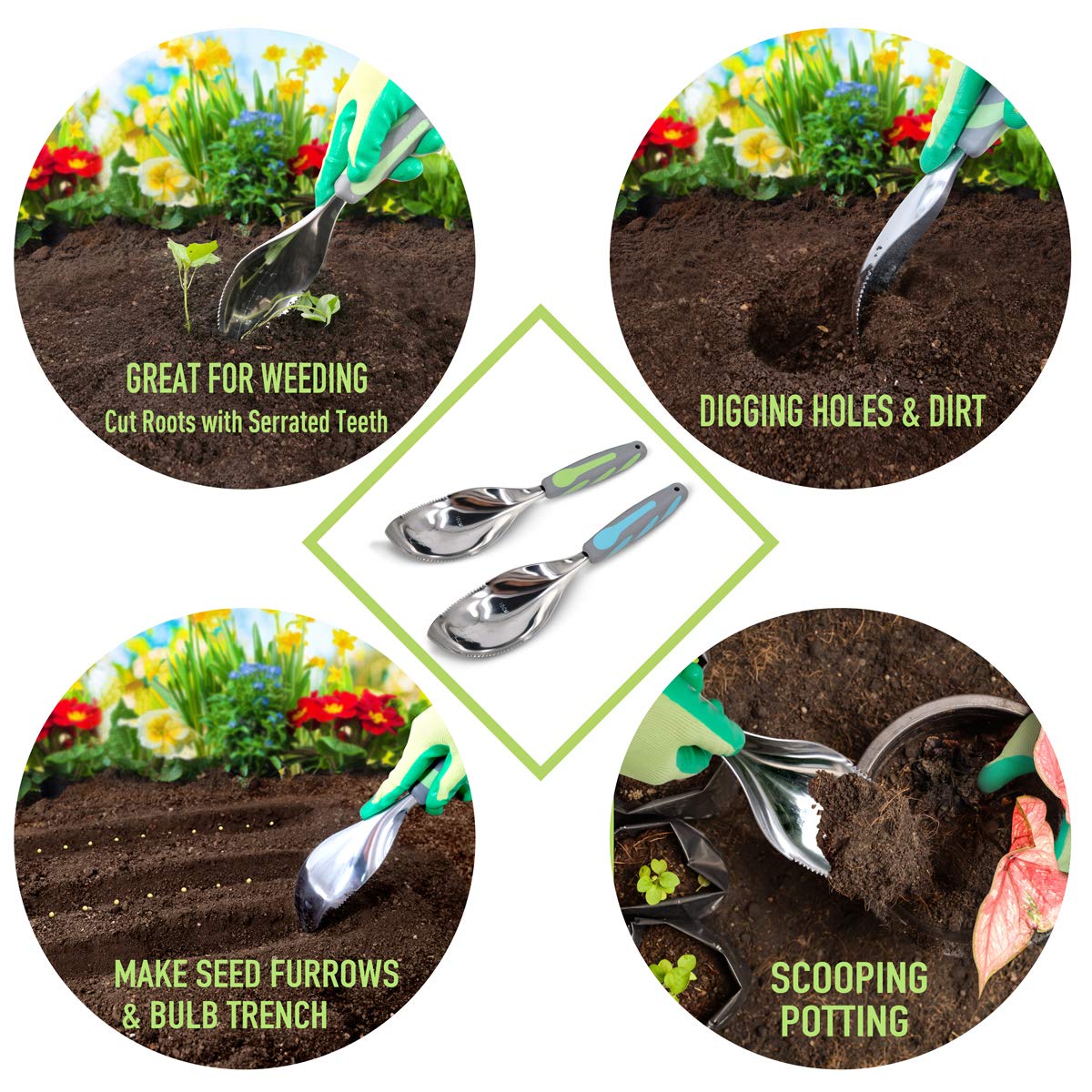 Jardineer Multi-Use Soil Scoops, Stainless Steel Garden Trowel, All-in-One Dirty Little Digger as Cultivator, Weeder, Transplanter