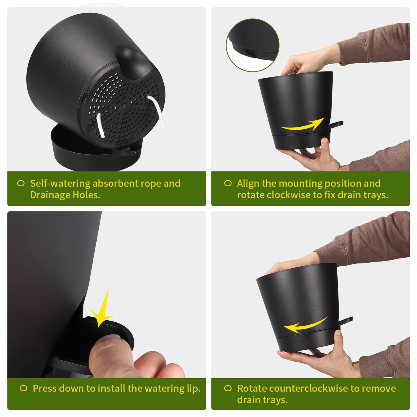 PETAFLOP Plastic Plant Pots 20cm Indoor, 6 Pack 8 Inch Self Watering Plant Pot with Drainage Hole, Saucers, Absorbent Rope and Watering Lip for House Plants, Black