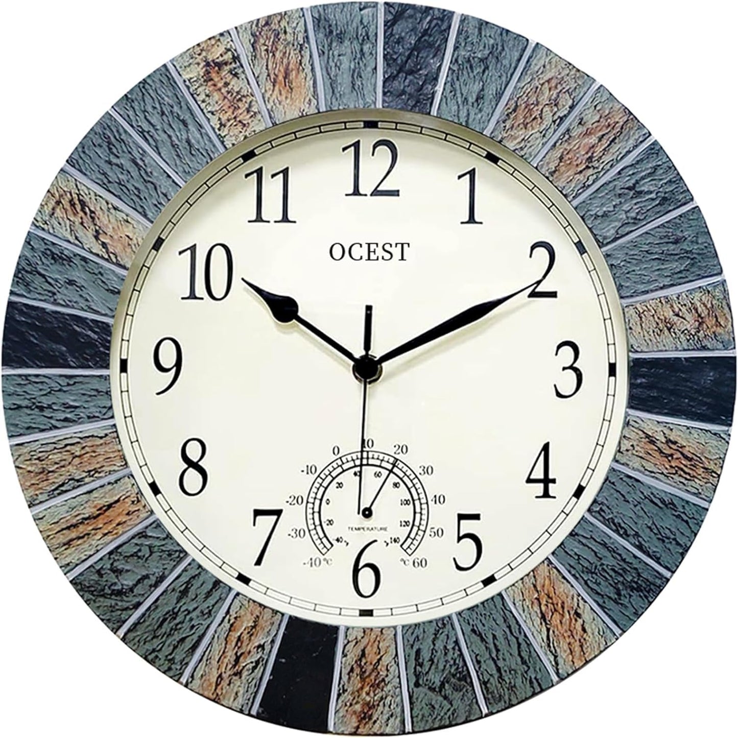 OCEST 13 Inch Garden Clocks Outdoor Waterproof, Large Retro Wall Clock with Thermometer Battery Operated Non Ticking Decorative for Patio Pool Kitchen
