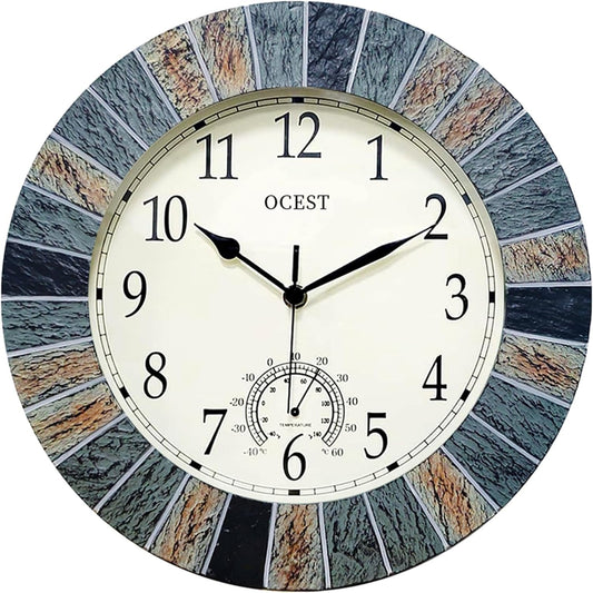 OCEST 13 Inch Garden Clocks Outdoor Waterproof, Large Retro Wall Clock with Thermometer Battery Operated Non Ticking Decorative for Patio Pool Kitchen
