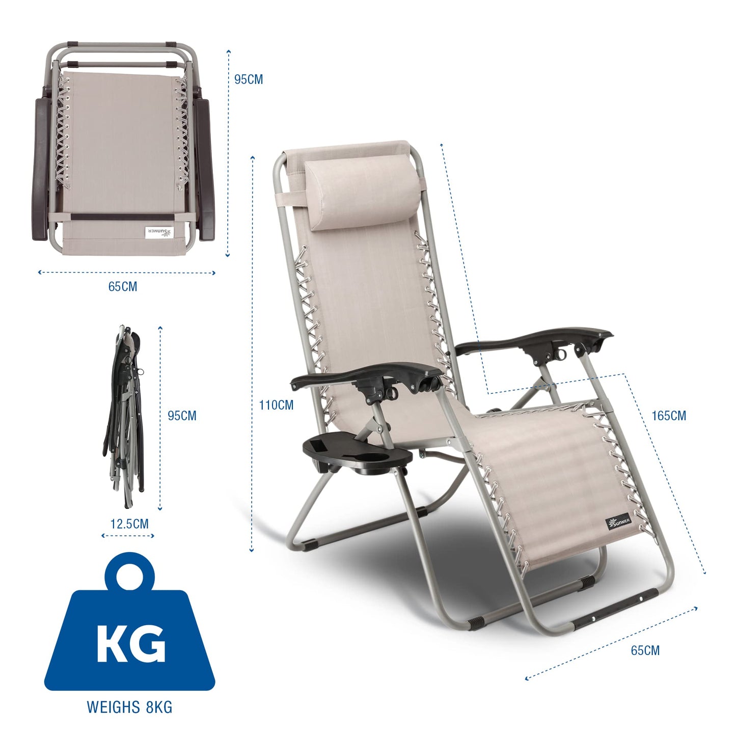 SUNMER Set of 2 Sun Lounger Garden Chairs With Cup And Phone Holder - Deck Folding Recliner Zero Gravity Outdoor Chair - Grey/Grey