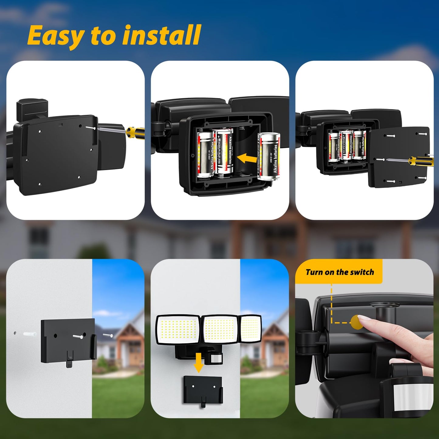 AIXPI Battery Powered Outdoor Security Lights, 240 LED Motion Sensor PIR, IP65 Waterproof Wireless Flood Lights for Garden Yard, Porch, Garage, 1 Pack