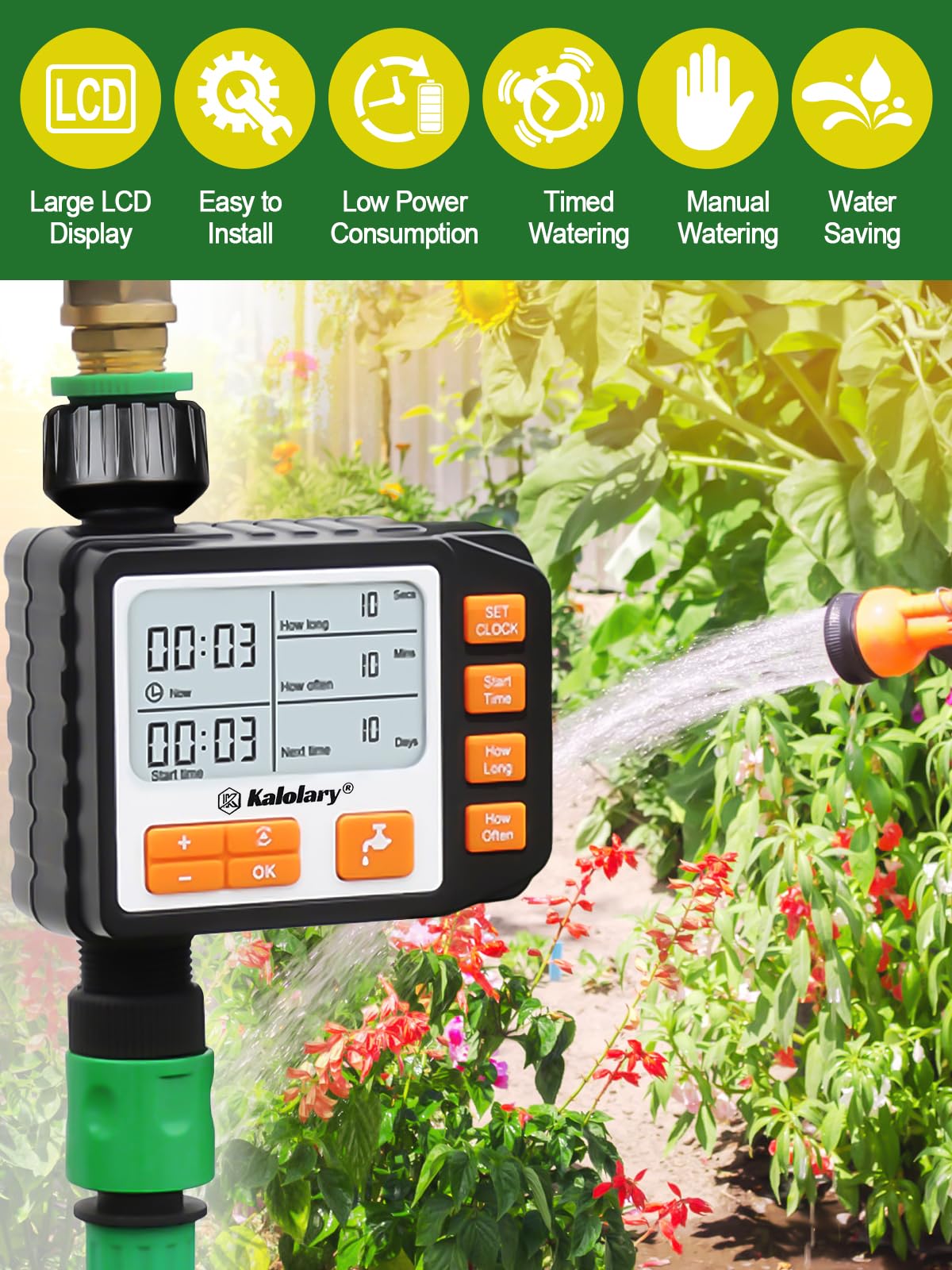 Kalolary Drip Irrigation Kit, 164 Ft Adjustable Garden Watering System with Timer, 133 PCS Blank Distribution Watering Drip Tubing Kits for Patio Lawn Garden Greenhouse Flower Bed