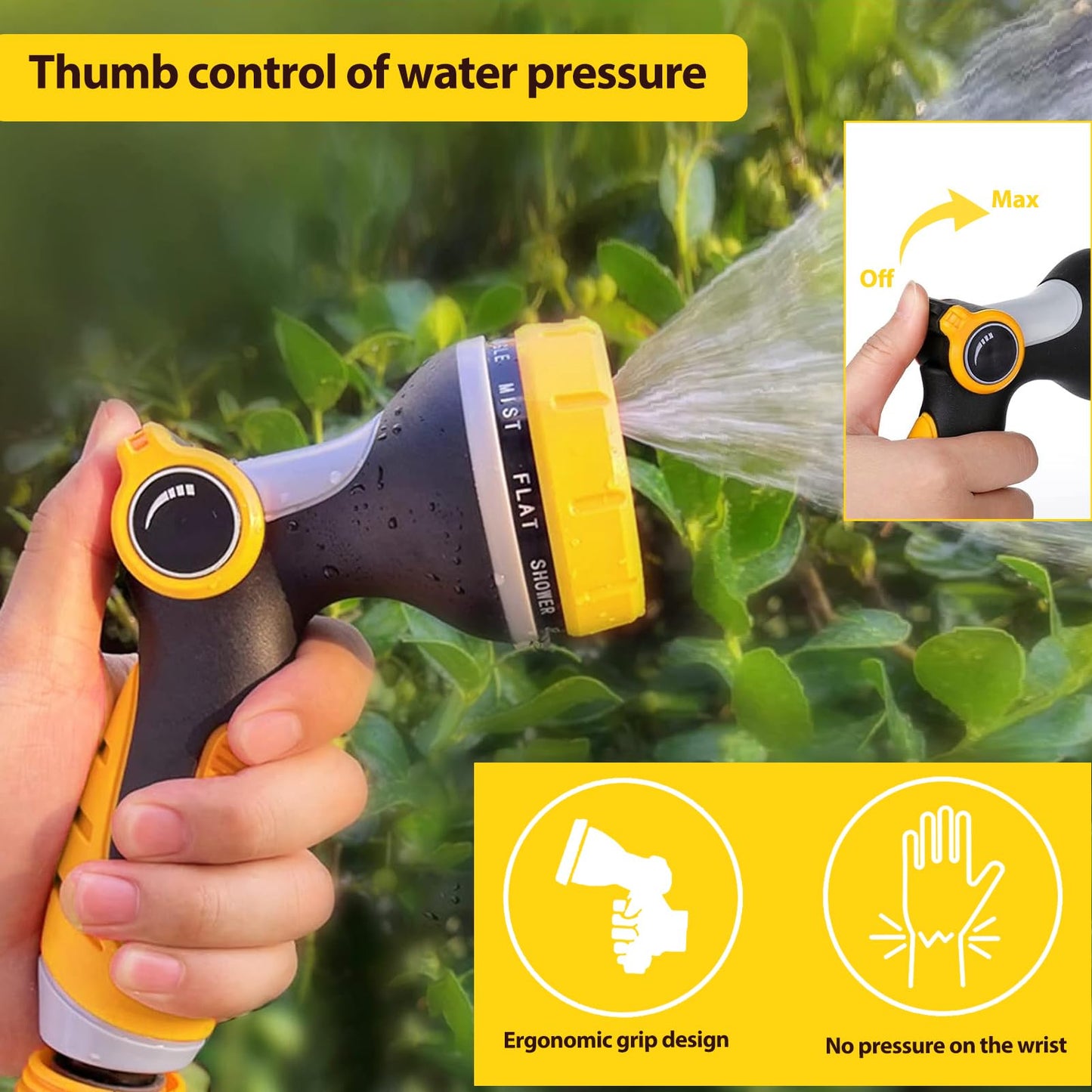 Garden Hose Spray Gun, HundoPony Water Hose Spray Gun 10 Modes High Pressure Water Spray Gun for Plant Watering Car Washing Pet Washing Sidewalk Cleaning-Yellow