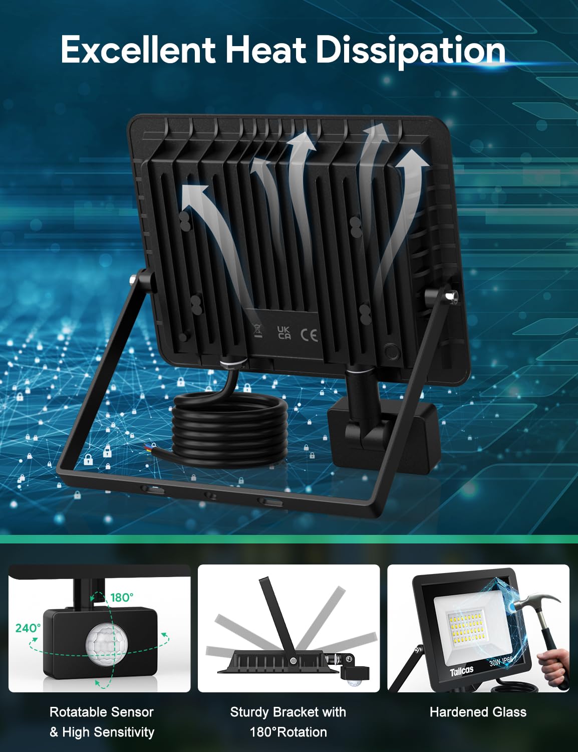 Tailcas Security Lights Outdoor Motion Sensor, 30W PIR Security Light with Remote Control, IP66 Waterproof Lights, 2700LM LED Floodlights Mains Powered for Garden,Yard, Garage