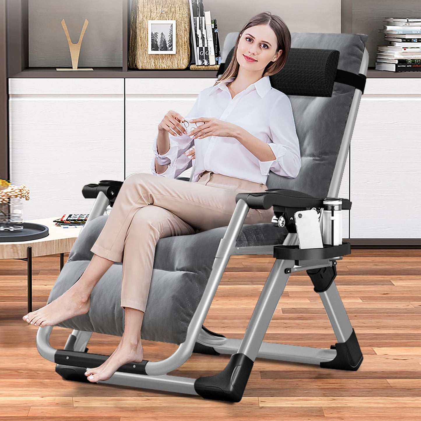 SUNYRISY Sun Lounger Garden Chair, Heavy Duty Adjustable Zero Gravity Chair with Cushion, Headrest, and Pocket, 200kg Support Foldable Lawn Garden Recliner Chairs for Outdoor/Indoor