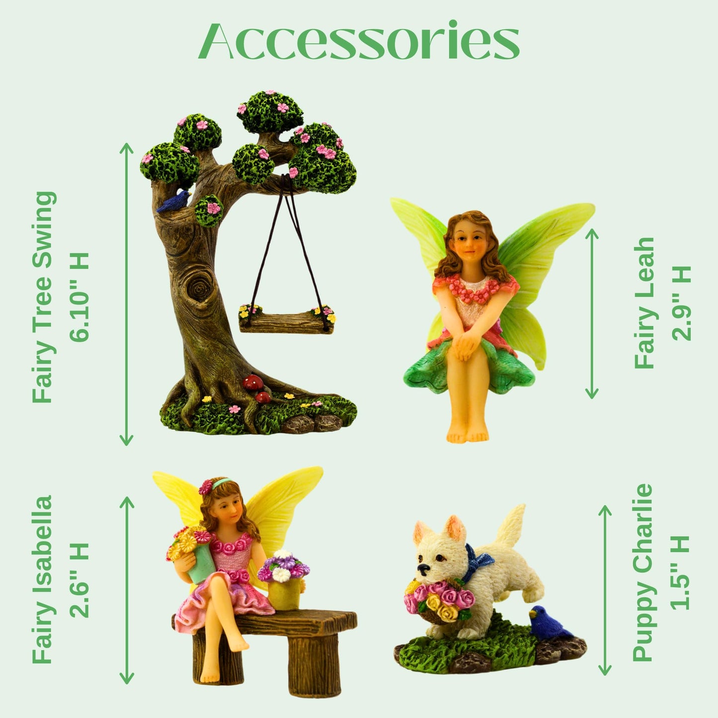 Pretmanns Fairy Garden Ornaments - Outdoor Accessories Kit, 4 Items: Fairies & Tree Swing