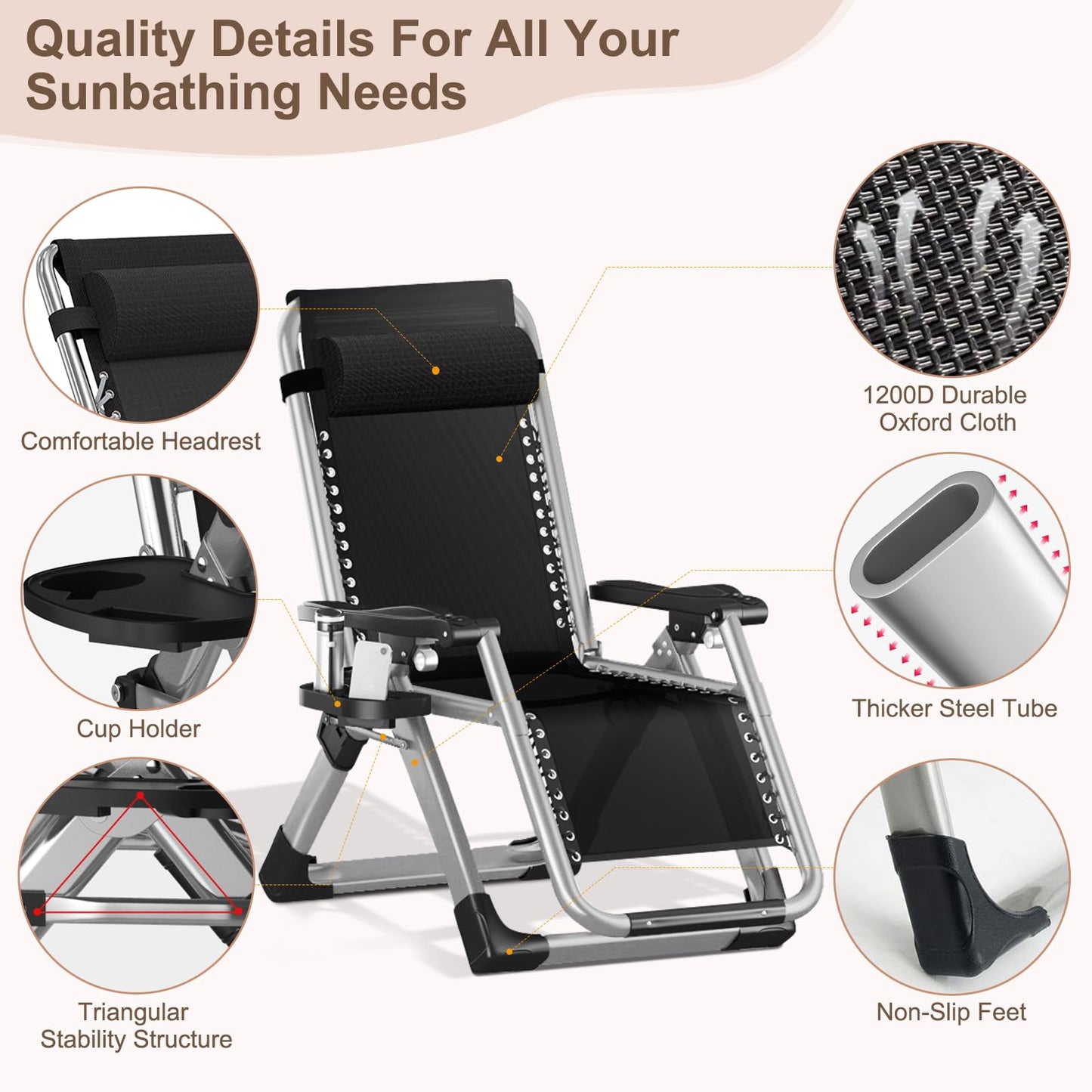 Obqer Folding Zero Gravity Chair, 440LBS Heavy Duty Sun Lounger, Adjustable Garden Recliner with Cushion and Side Holder, Extra Wide, No Assembly Required, Sun Loungers for Garden Terrace Beach Pool