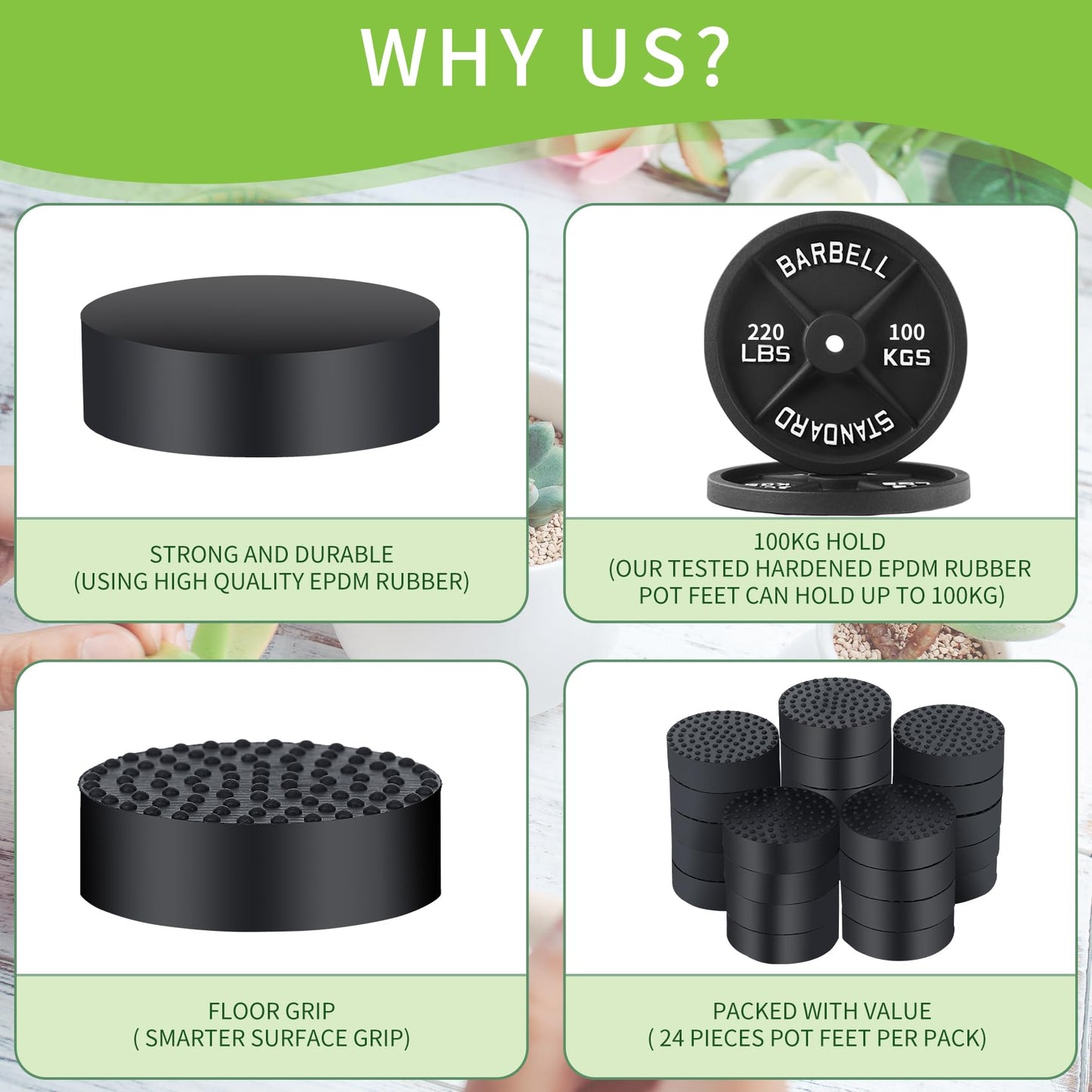 homekit Flower Pot Feet; 24 Pieces; Black; Rubber – Non-Slip Invisible Risers for Gardening Plants Indoor and Outdoor