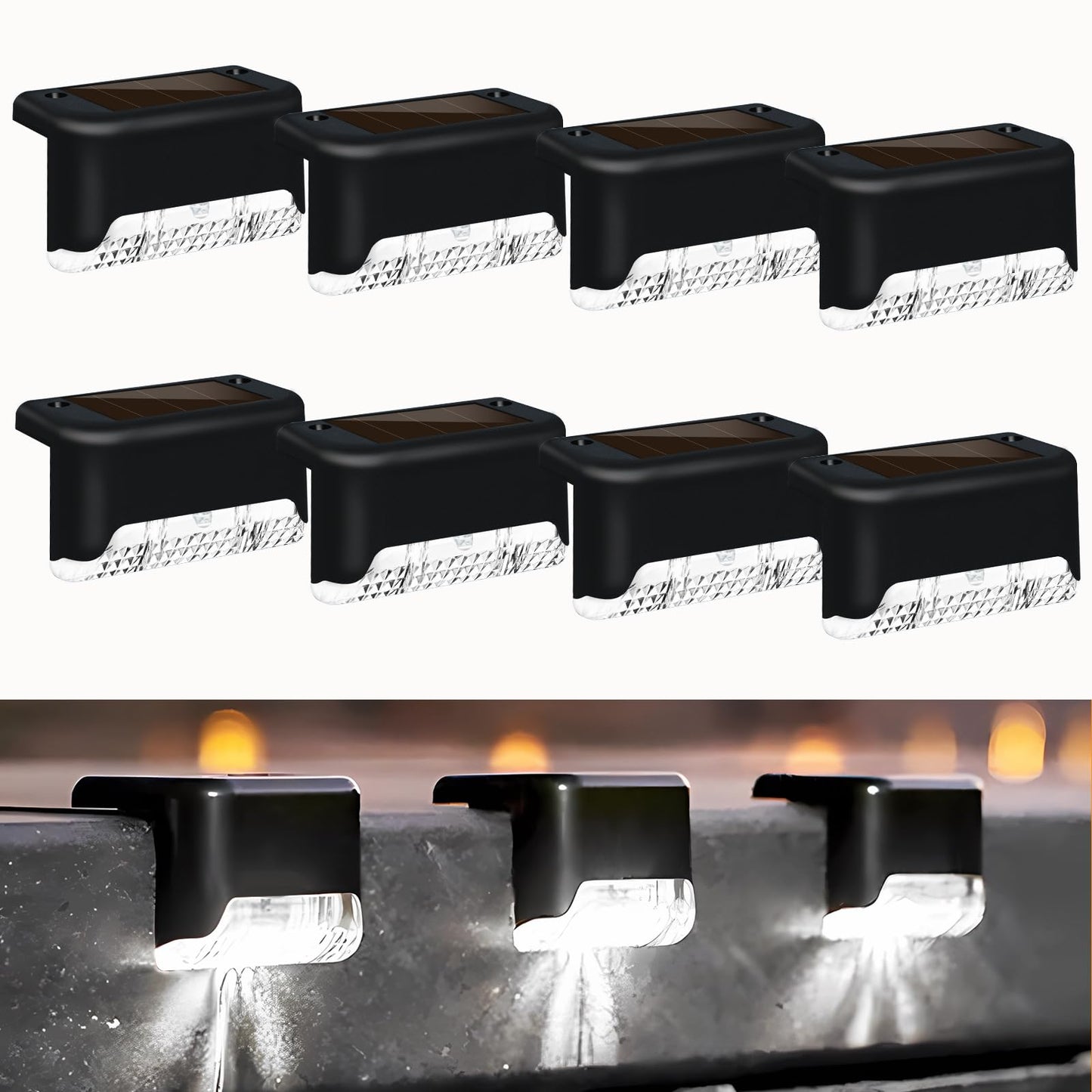 8 Pack Solar Deck Lights Outdoor, LED Solar Powered Decking Lights Waterproof Solar Step Lights Outdoor for Deck, Stair, Step, Railing, Fence, Wall, Patio, Garden (White Light)