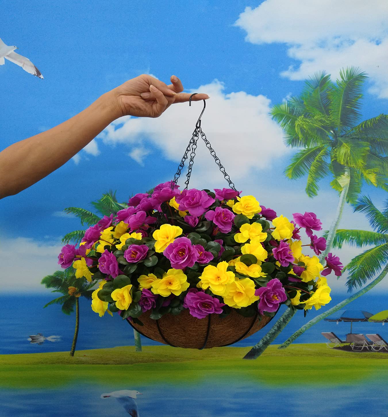 Indoors And Outdoors Decoration Artificial Big Azaleas Yellow And Purple Silk Flowers Plant Cute DIY Chain Hanging Basket With Flower Pot (Big Basket)