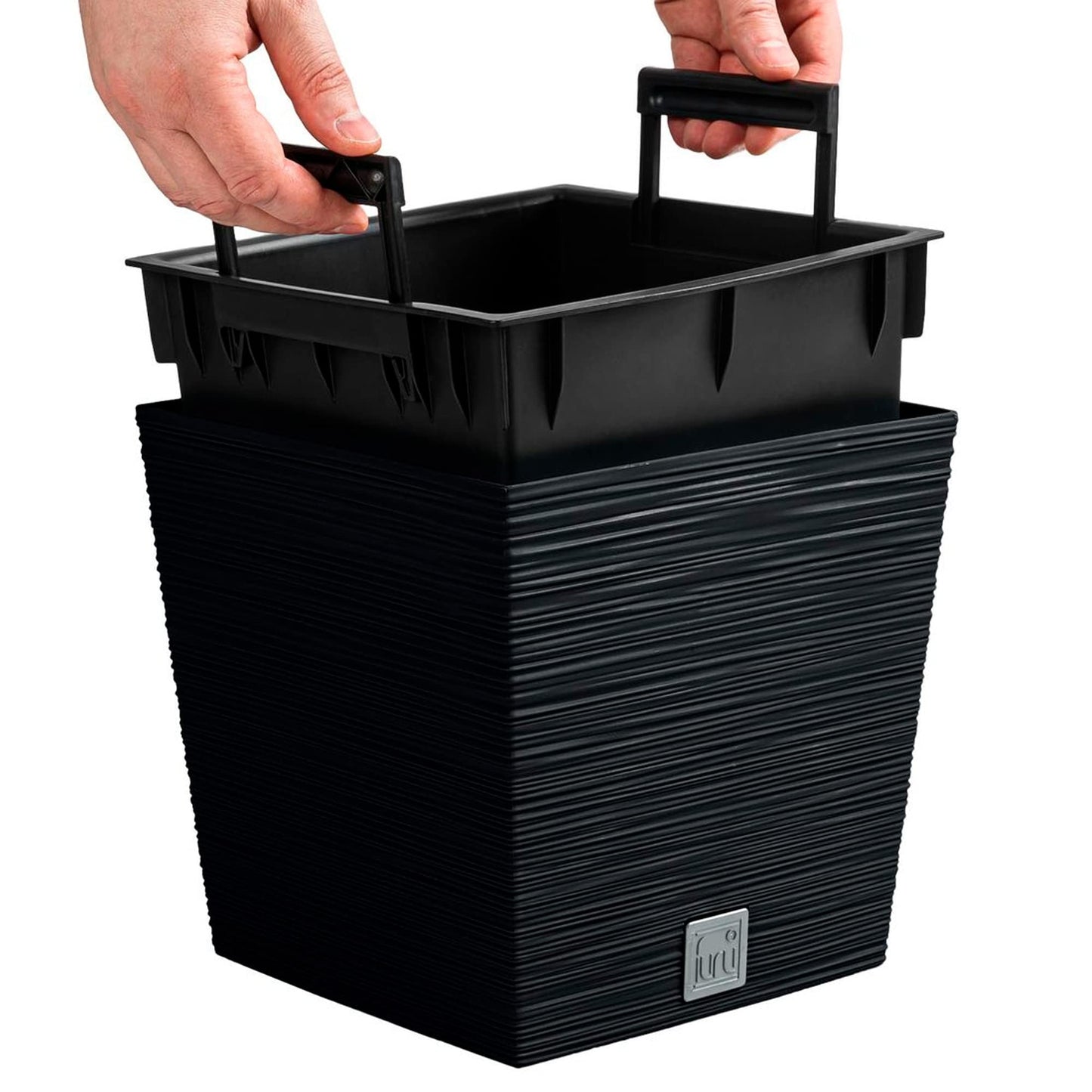 Prosperplast 2-in-1 Flower Pot with Inner Pot Planter Plastic Square Chisel Look Anthracite (24 cm x 24 cm x 23.5 cm)