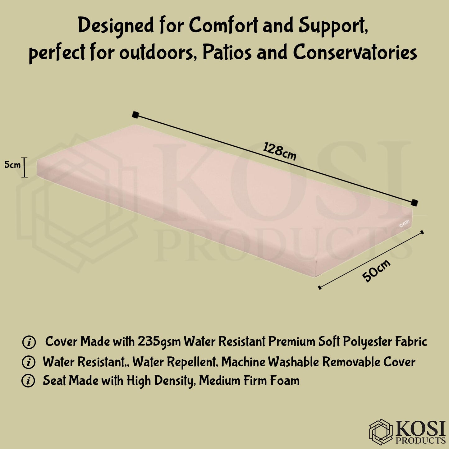 Kosiproducts 2 Seater Bench Seating Pad Cushion to fit Icenic Eden Garden Rattan Furniture 128cm x 50cm (Beige) - Bench Not Included