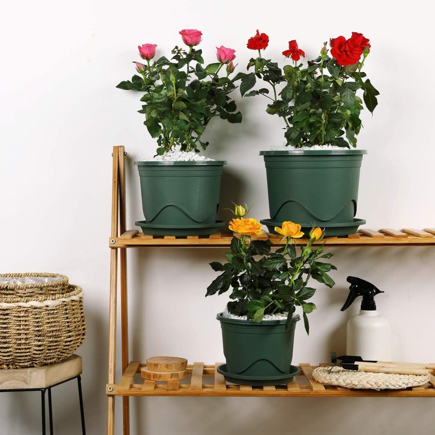 KAHEIGN 6Pcs Plastic Plant Pots, 16CM Thicken Flower Pot Root-Control Nursery Seedling Planter Decorative Garden Plant Container with Saucer for Indoor Outdoor Bonsai Plants (Green)