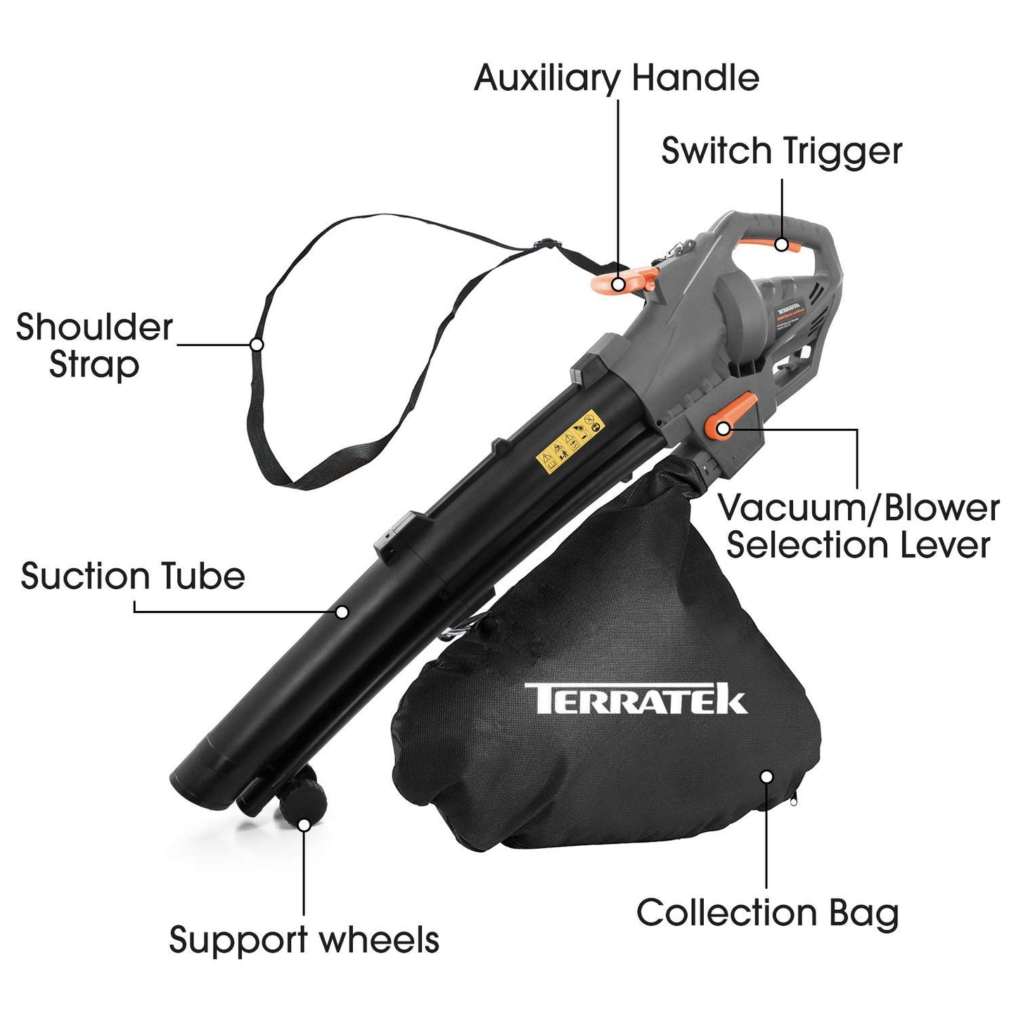 Terratek Corded Leaf Blower and Garden Vacuum 3000W, 3 in 1 Lightweight Mulcher, Leaf Blower and Vacuum, 35L Garden Blowers Collection Bag, 10m Cable, Wheels & Shoulder Strap Included