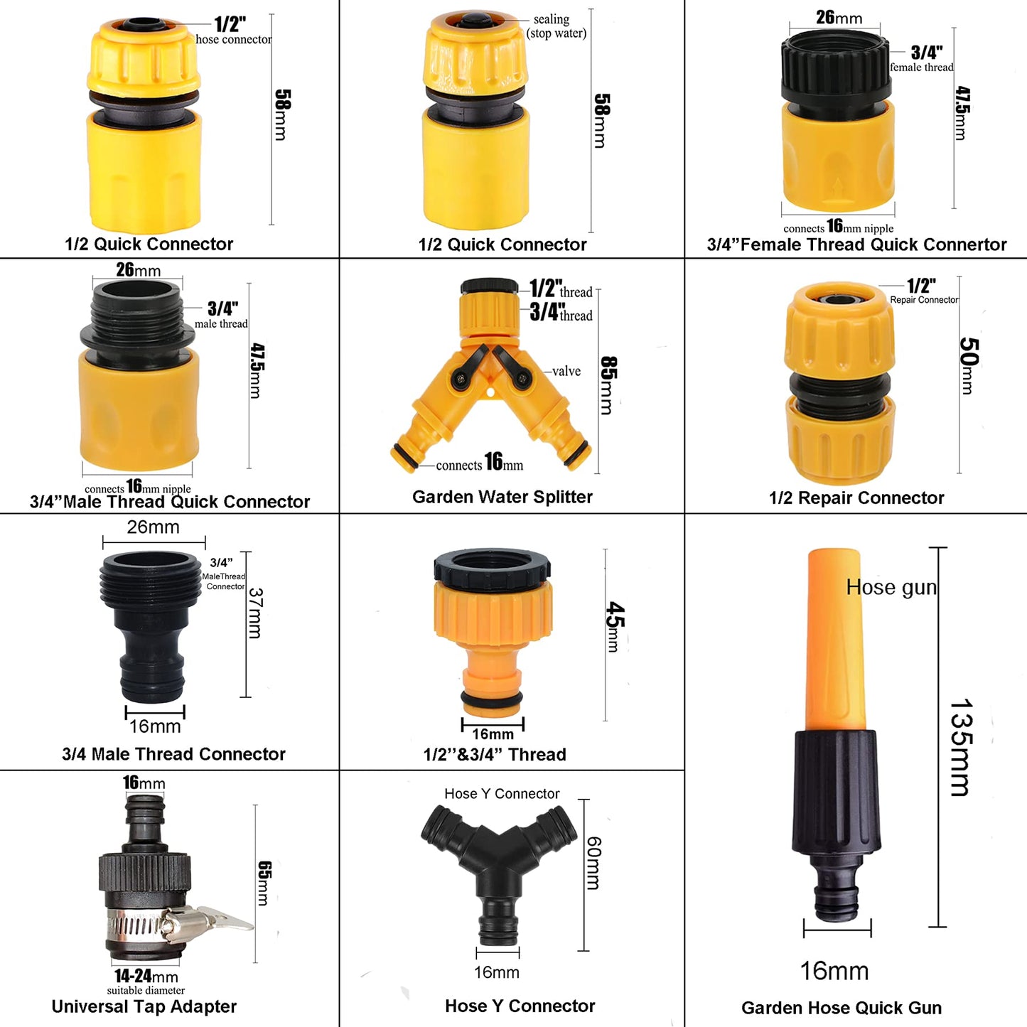 Garden Hose Connector Kit 20 Pack: Nozzle, Repair, Quick Connect, Y Splitter, Threaded Adapter, Male and Female Connectors, 2 Way Tap, Universal Faucet