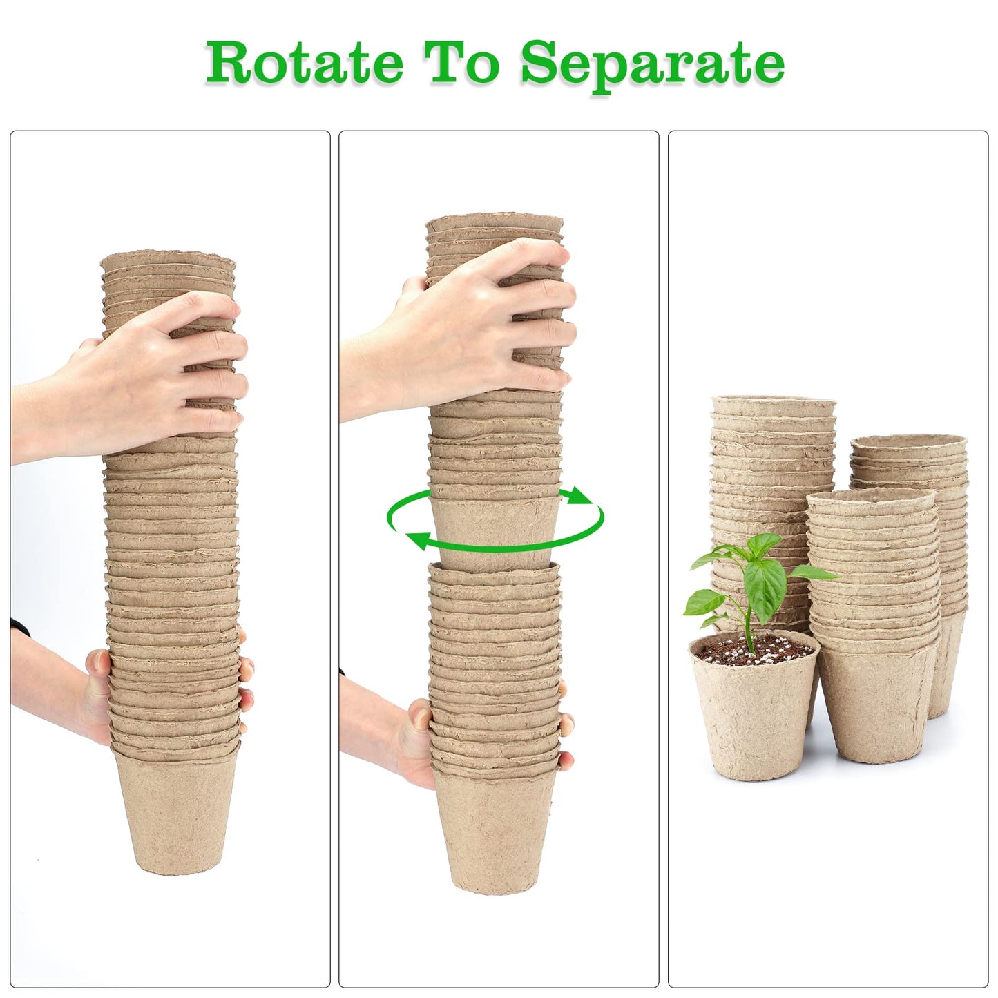 KINGLAKE 100 Pcs 8cm Fibre Seed Pots Biodegradable Plant Pots Seedling Pots with 100Pcs Plastic Plant labels 1x5cm