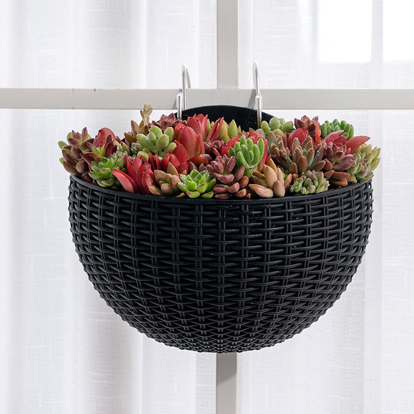 2 Pcs Imitation Rattan Wall Hanging Flower Pot, Semicircle Hanging Planters Outdoor with Drainage Hole and Hooks, Plastic Garden Hanging Basket for Balcony Fence (Coffee)