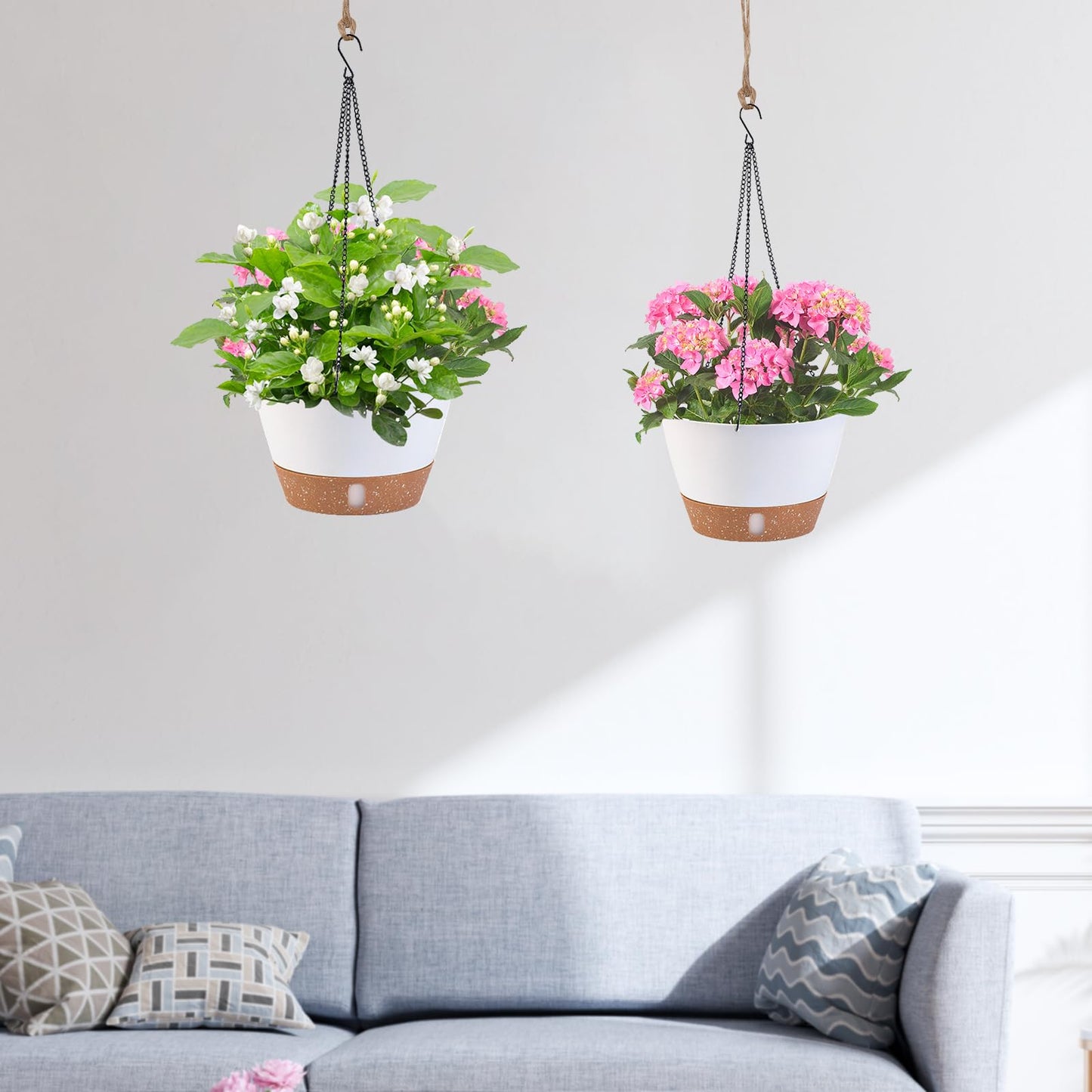 JJoexyfit 2PCS Hanging Planters for Plants Indoor Outdoor, Plant Flower Pot with Visible Water Level Tray Drainage Hole, Self Watering Planters for Garden Home (10 Inch)