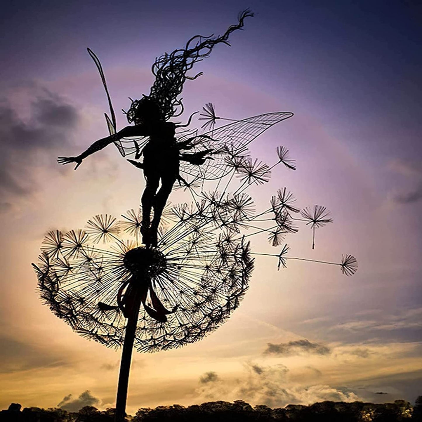 Fairies Dandelions Garden Art Sculpture Dance Yard Decorations Stainless Steel Garden Fairy Ornaments Garden Dandelion for Outdoor Decoration Metal