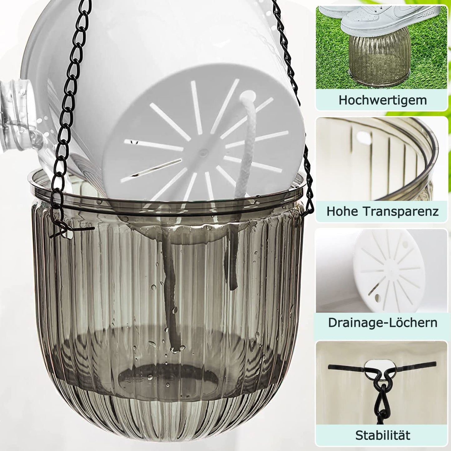 iDattel 6.5 Inch 2Pcs Self-watering hanging flower pot plants,Indoor hanging flower pots with 3Hooks drainage holes for indoor outdoor ceilings balconies wall decoration（Gray）