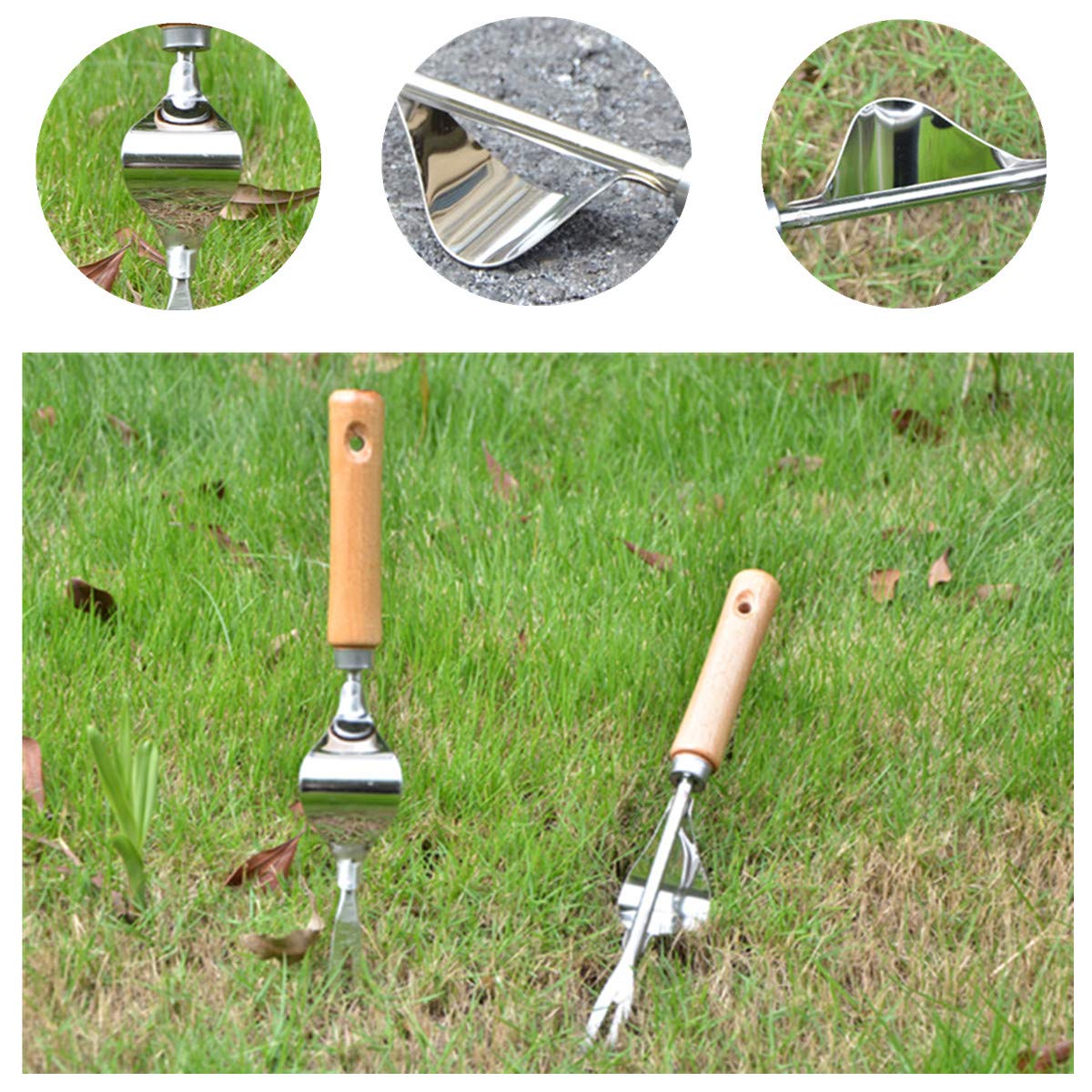 Garden Weeder Hand Weeder Fork Tool Weed Puller Removal Stainless Steel Manual Digging Dandelion Remover Tool Lawn Farmland Transplant Tool with Smooth Wood Handle