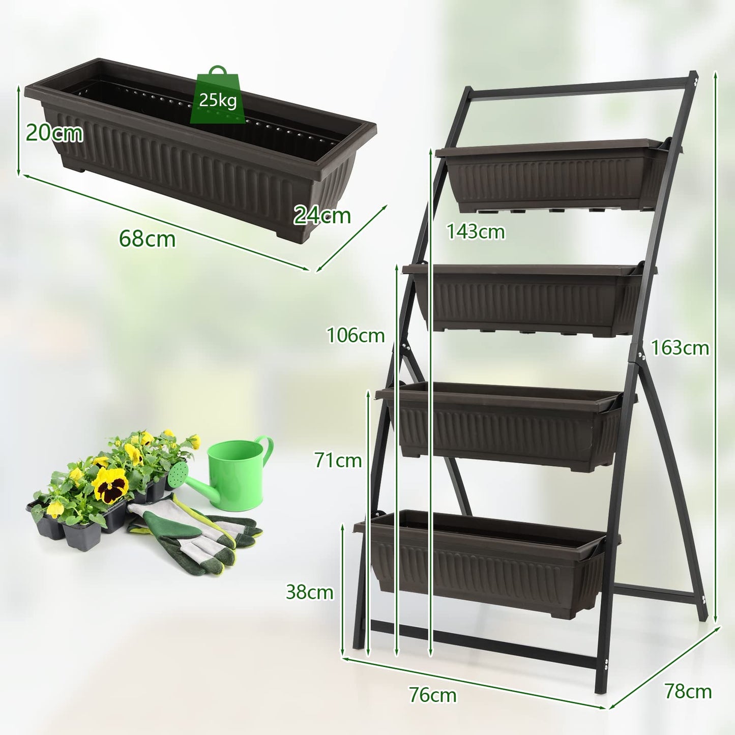 COSTWAY 124cm/163cm Raised Garden Bed, 4-Tier Vertical Garden Planter with 4 Container Boxes & Drainage Holes, Indoor Outdoor Elevated Flower Herb Growing Box for Patio Yard Balcony (76 x 78 x 163cm)