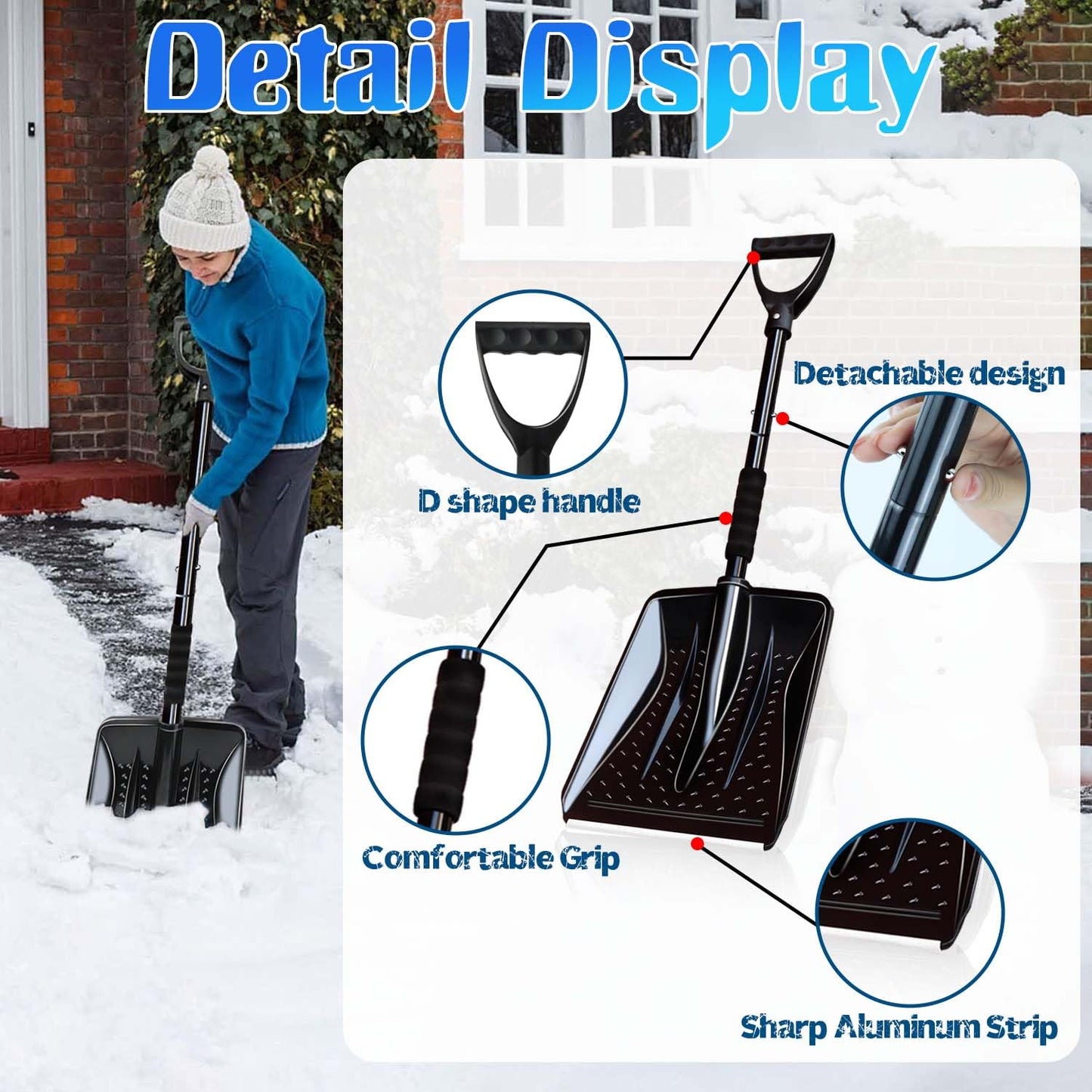 Hmfmdy Snow Shovel for Car Driveway Home Garage, Survival Shovel, Wide Ice Scraper, Lightweight Portable Detachable Snow Removal Tool for Garden Camping Outdoor Emergency Snowman Playing - Black
