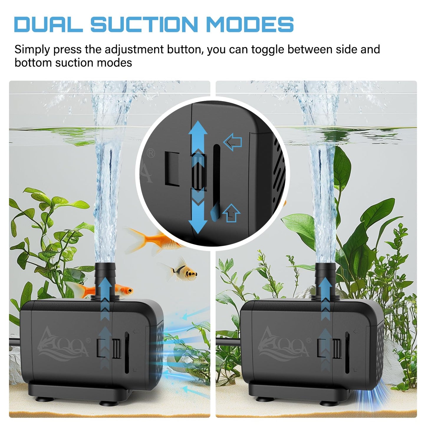 AQQA Submersible Water Pumps, 1500L/h Adjustable Flow Pond Pump, Ultra Quiet Water Feature Pump with Side/Bottom Suction, 1.6m High Lift Fountains Pump for Hydroponics, Small Pond, Aquariums