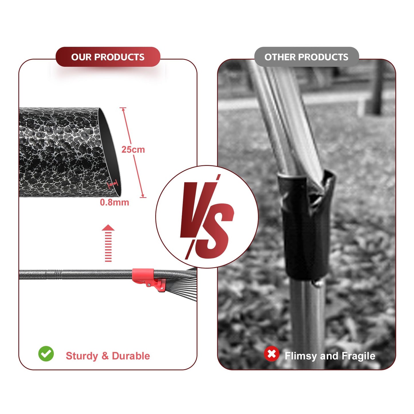 Garden Leaf Rakes for Lawns Heavy Duty, 23-41 cm Adjustable Rake Head, 82-192 cm Adjustable Long Handle, Metal Rake Tool for Gardening Camping Clear Collect Leaves Debris, 18 Anti-Rust Metal Tines