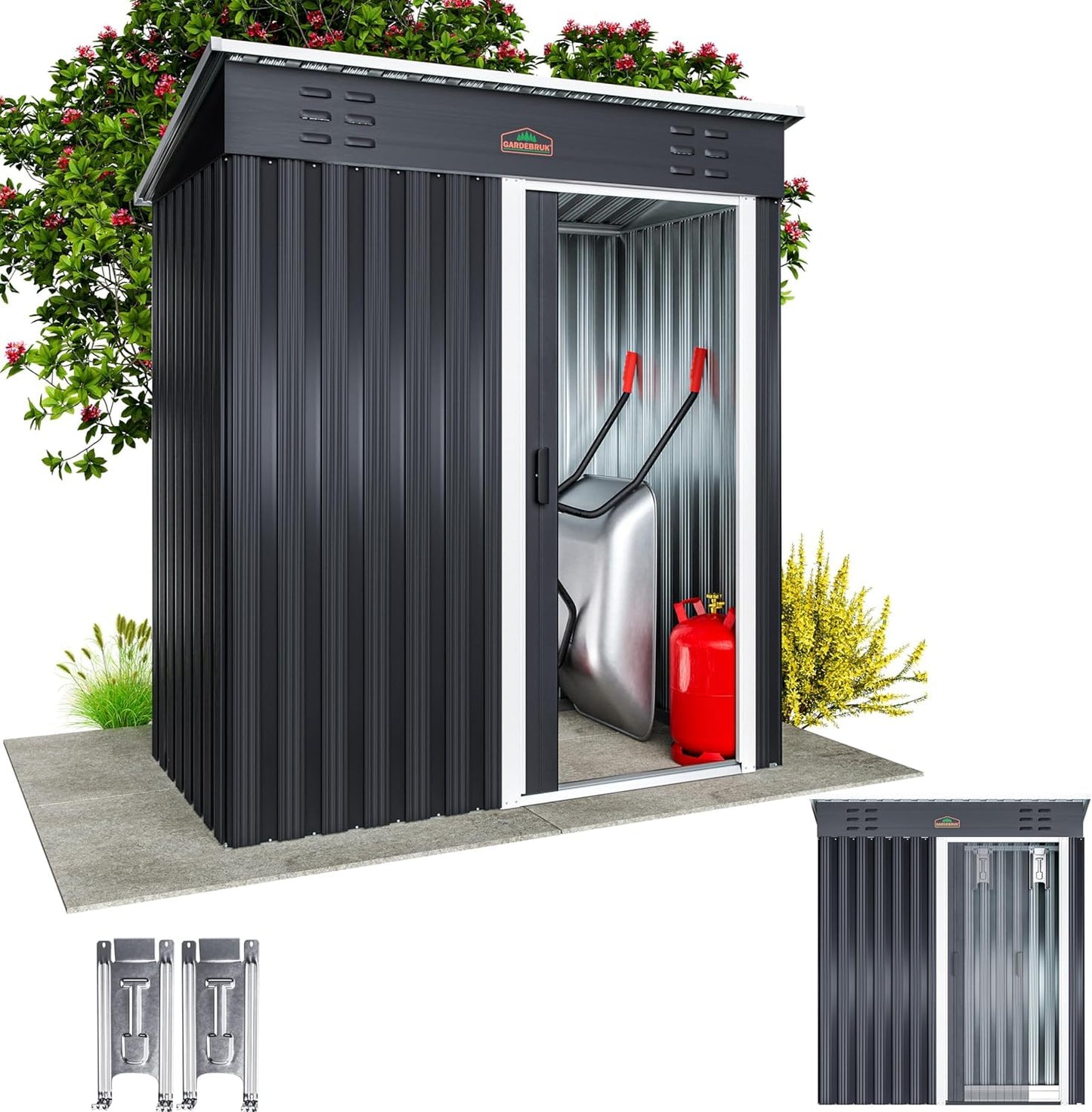 GARDEBRUK® Medium 5x3' Metal Tool Shed Garden Storage | 1.5m² | Pent Roof | 185x165x90cm | Sliding Door | Galvanised Steel Garden Equipment Utility Log Coal Bunker Storage | Anthracite Grey