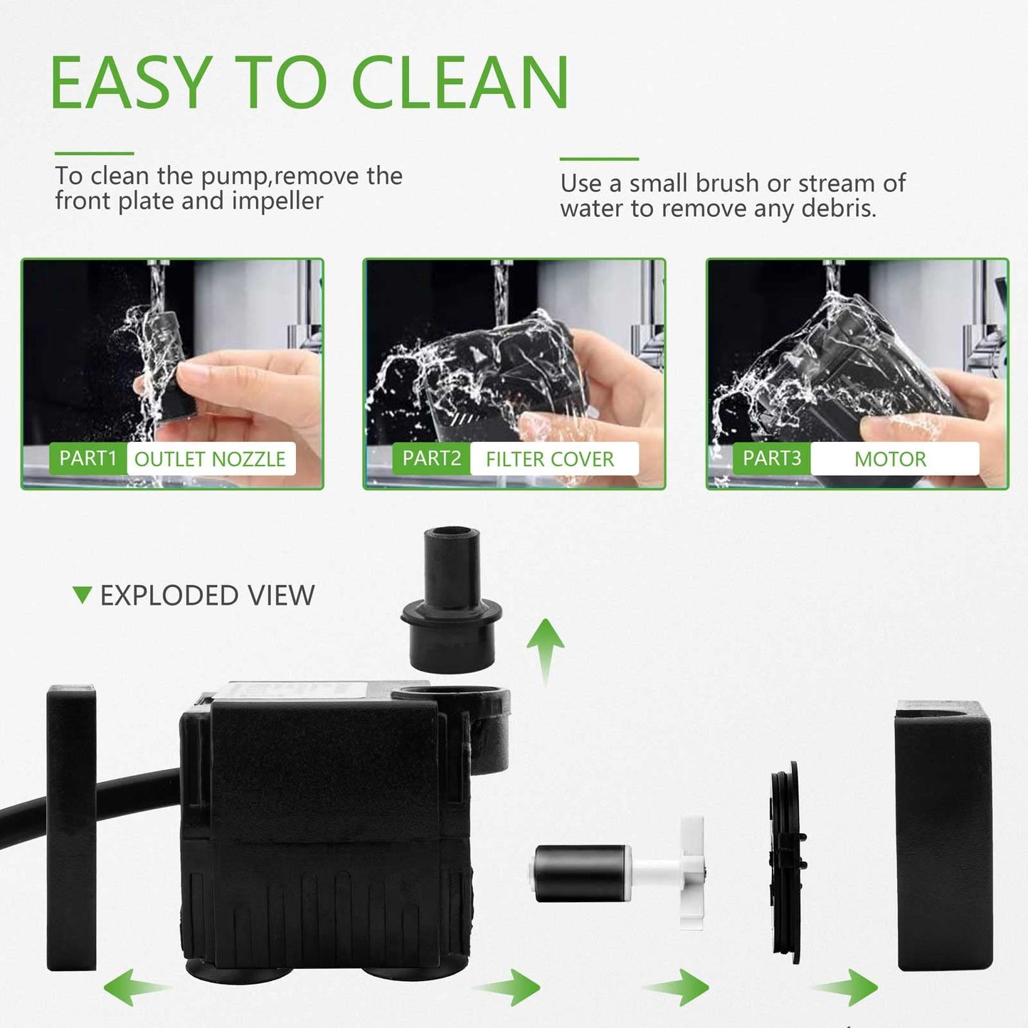 Mini Submersible Water Pump (350L/H, 5W) Adjustable Ultra Quiet Fountain Water Pump for Aquarium, Fish Tank, Pond, Statuary, Hydroponics, Indoor or Outdoor Fountain with 1.5M Power Cord and 2 Nozzles