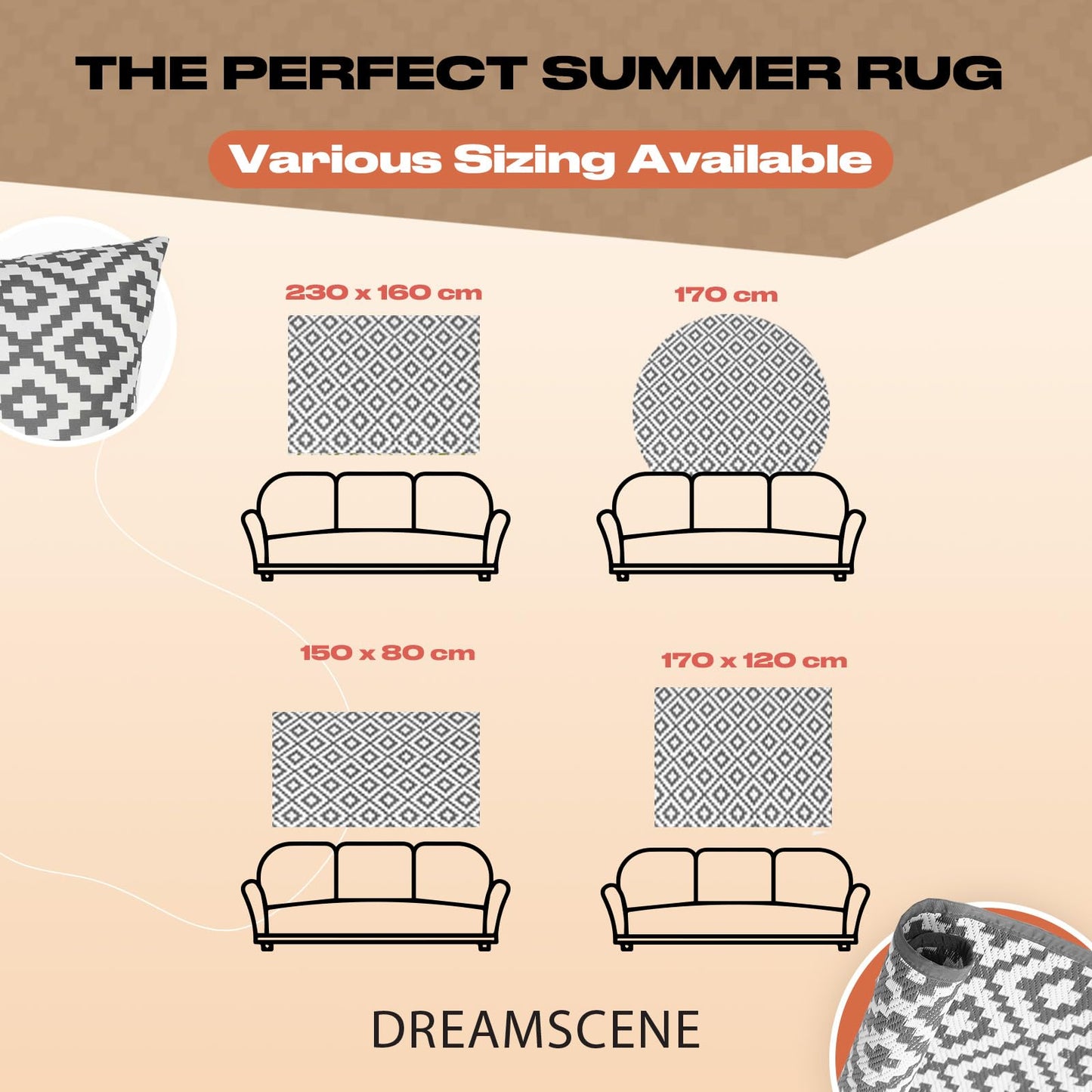 Dreamscene Outdoor Mats for Garden Rug Grey Geometric, Reversible Mat for Summer Garden Patio Decking Large Outdoor Rug Water Resistant Foldable Area Rugs Easy Storage, 80 x 150cm