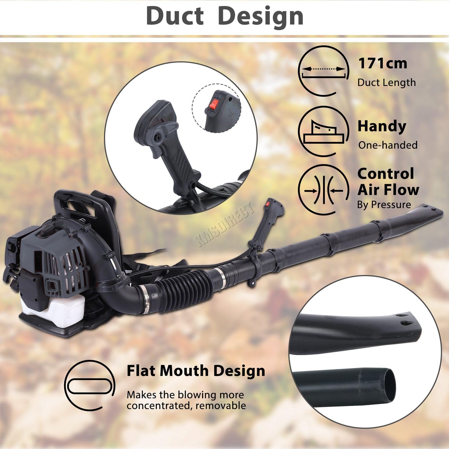 SwitZer Petrol Backpack Leaf Blower Snow Sand Stones Blower 291kmph Air Speed 52cc 2-Stroke Engine Support Harnesses Anti-Vibration 50 Minutes Per Litre Fuel Efficiency Adjustable Straps Grey