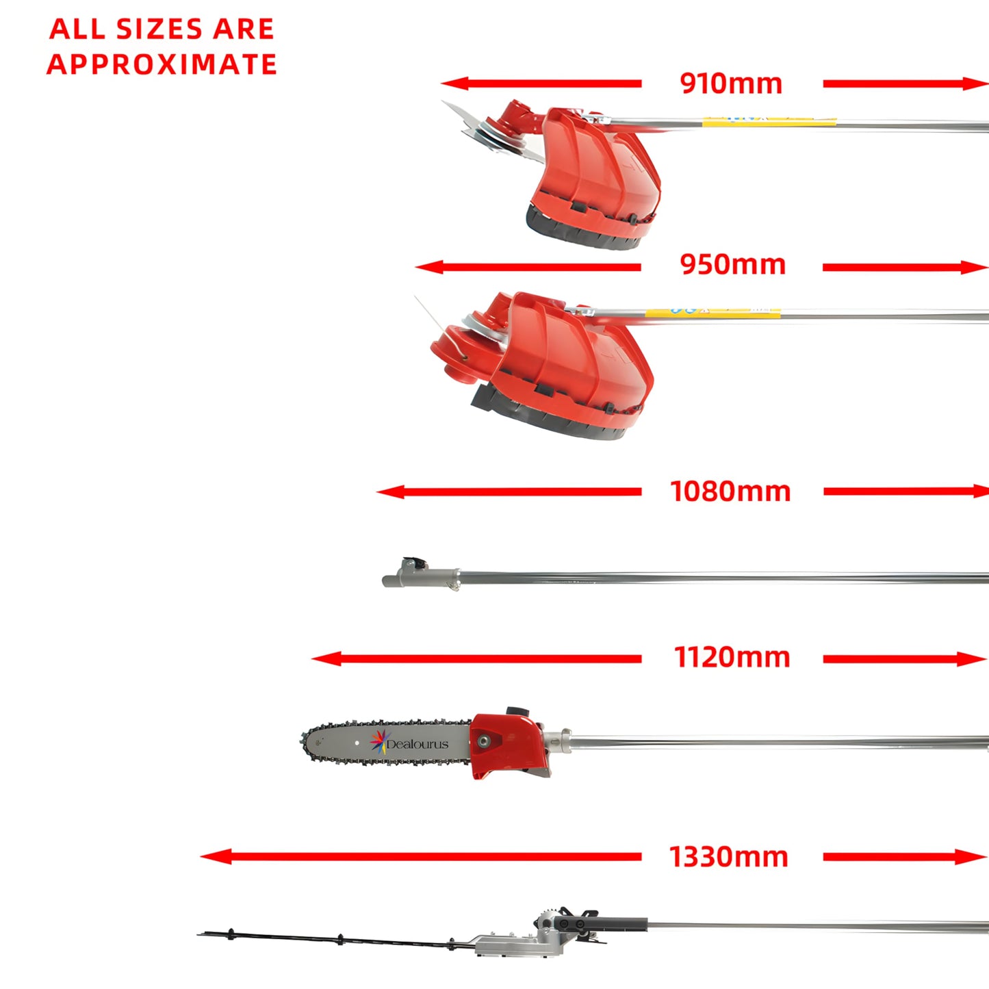 52cc 5 in 1 Multi Function Garden Tool Petrol Strimmer Hedge Cutter Chainsaw Trimmer Pruner & Extension Pole Recoil Start