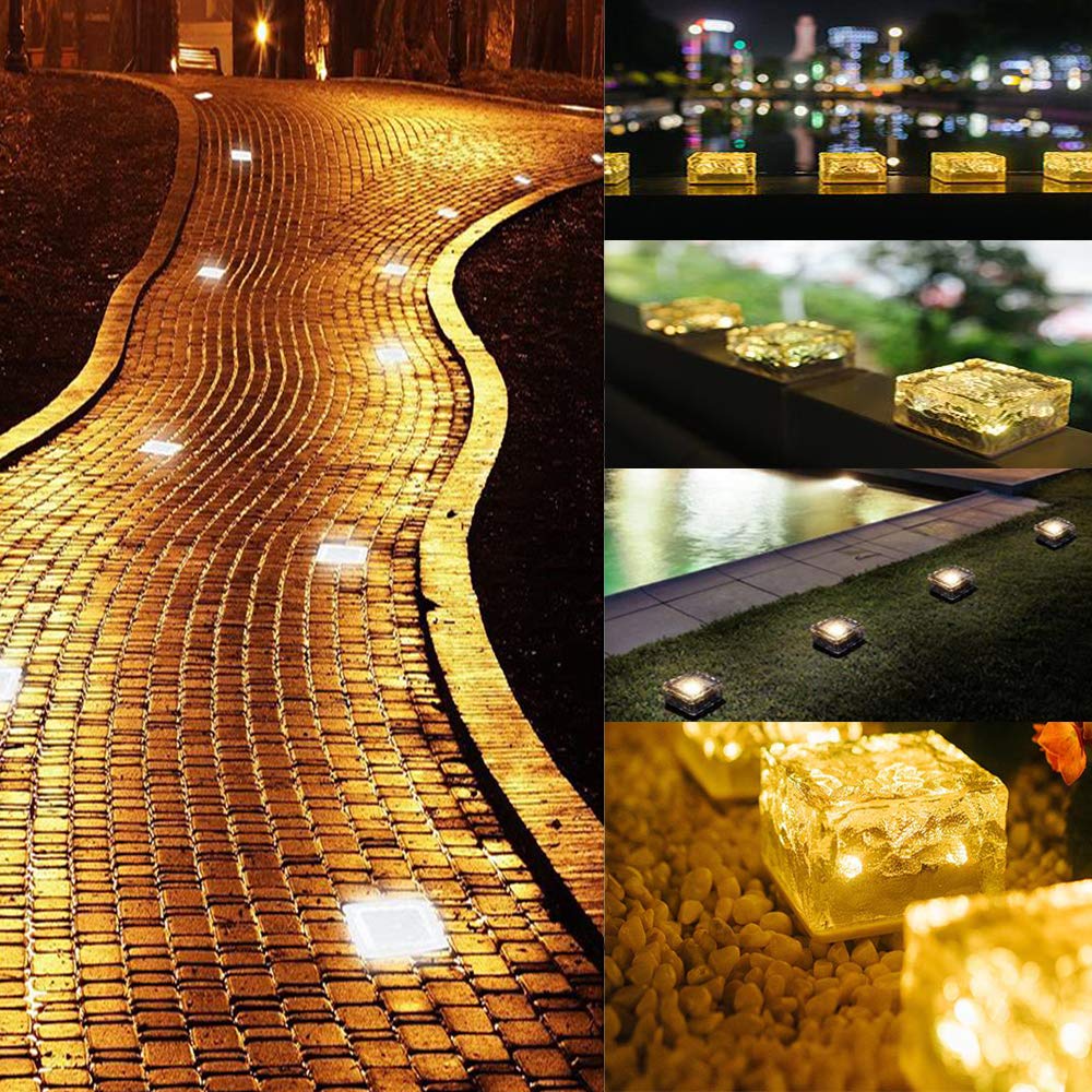 MEDOYOH 4PCS Warmwhite Light Solar Light PVC Brick, Solar Brick Light On/Off Solar Ponds Lights Outdoor Garden Ornaments for Lawn Path Step Stone Deck Ground Pond, 7x7x5cm