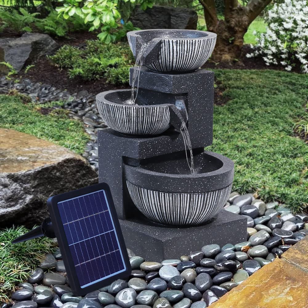 Garden Water Feature Decorate Cascading Tiered Water Fountain Pump Waterfall with LED Lights Indoor/Outdoor, Solar Powered, 3 Bowls