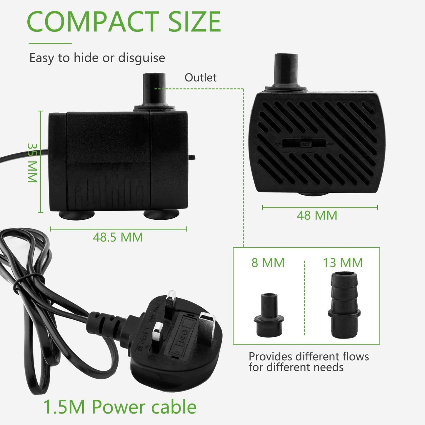 Mini Submersible Water Pump (350L/H, 5W) Adjustable Ultra Quiet Fountain Water Pump for Aquarium, Fish Tank, Pond, Statuary, Hydroponics, Indoor or Outdoor Fountain with 1.5M Power Cord and 2 Nozzles