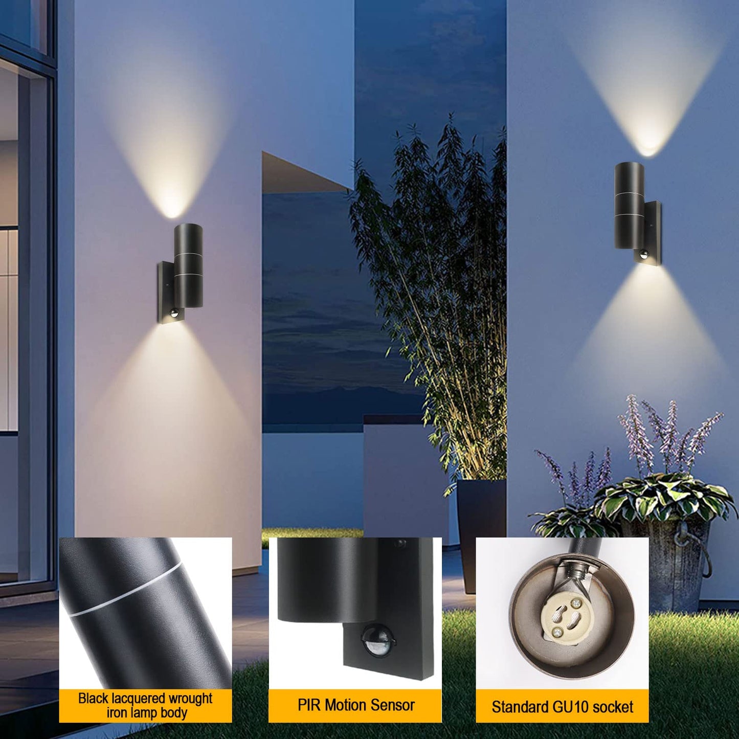 EXTRASTAR Black Outdoor Wall Lights PIR Motion Sensor, GU10 Base Double Up Down Exterior Wall Sconce, IP44 Stainless Steel Wall Light for Garden, Patio,Porch, Garage（Bulb not Included）