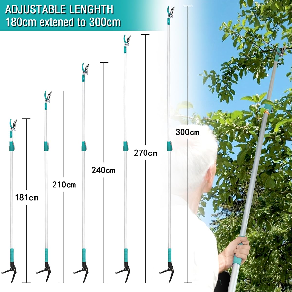 Extendable 181cm-300cm Tree Pruner, Long Handle Tree loppers, Lightweight & Strong Telescopic Pole Pruner with Rotate Head, Smooth Clean Cut, Ideal for Removing High Branches and Fruit Picking