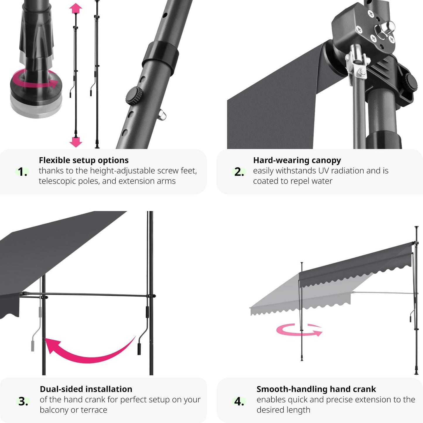 tectake Garden Patio Retractable Awning, Manual with Hand crank, Sun shade Canopy with UV and Rain Resistance, Clamp System with No Drilling Required - black/grey
