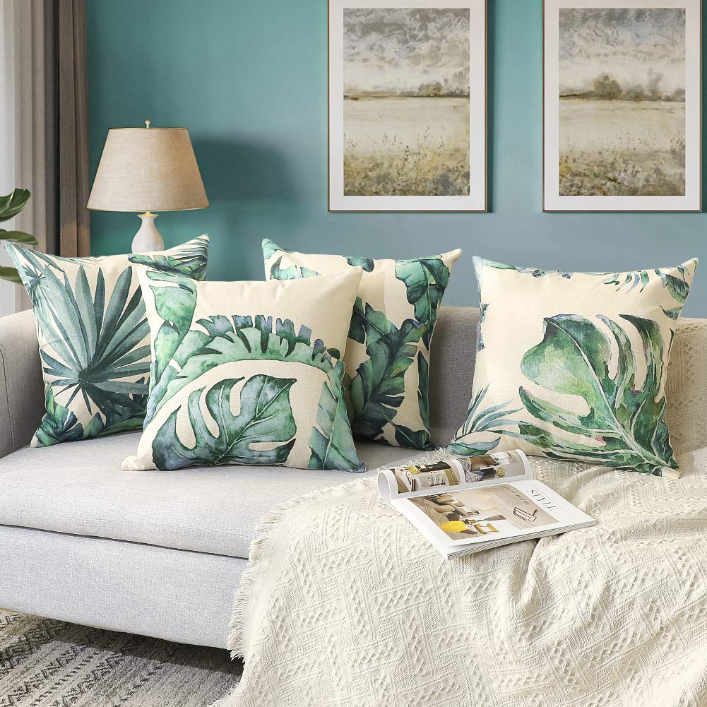 Artscope Set of 4 Decorative Cushion Covers 45x45cm, Tropical Plants Waterproof Throw Pillow Covers, Perfect to Outdoor Patio Garden Bench Living Room Sofa Farmhouse Decor