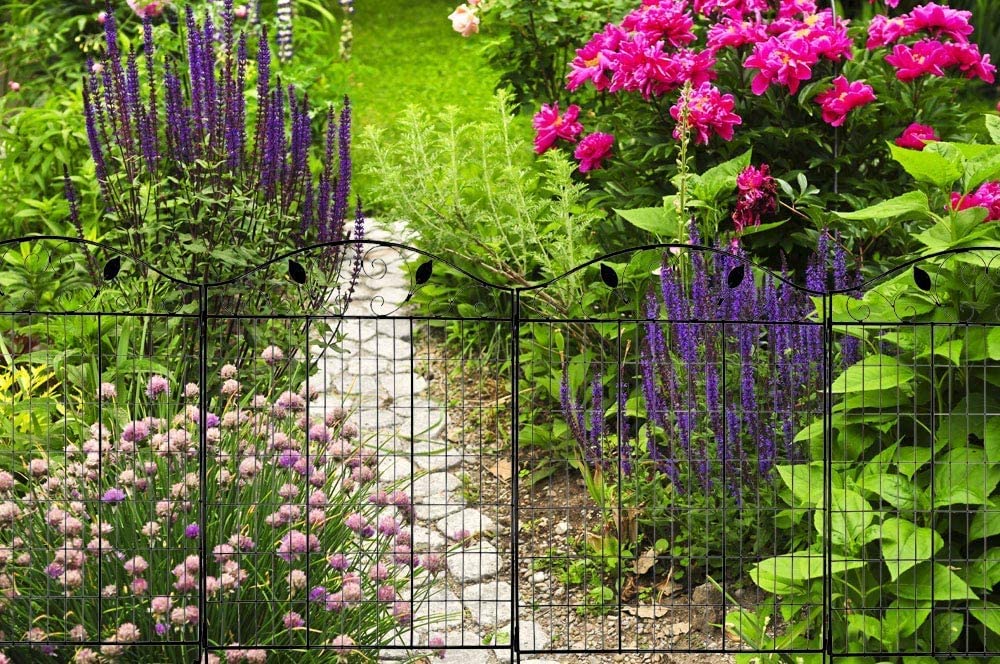 MTB Black Coated Garden Iron Style Metal Side Outdoor Patio Gate Steel Decorative Garden Fence Panel 112cm Hx 91cm W (4 Pack, Linear Length 12 feet) 2 Leaves, Metal Border Folding Fence