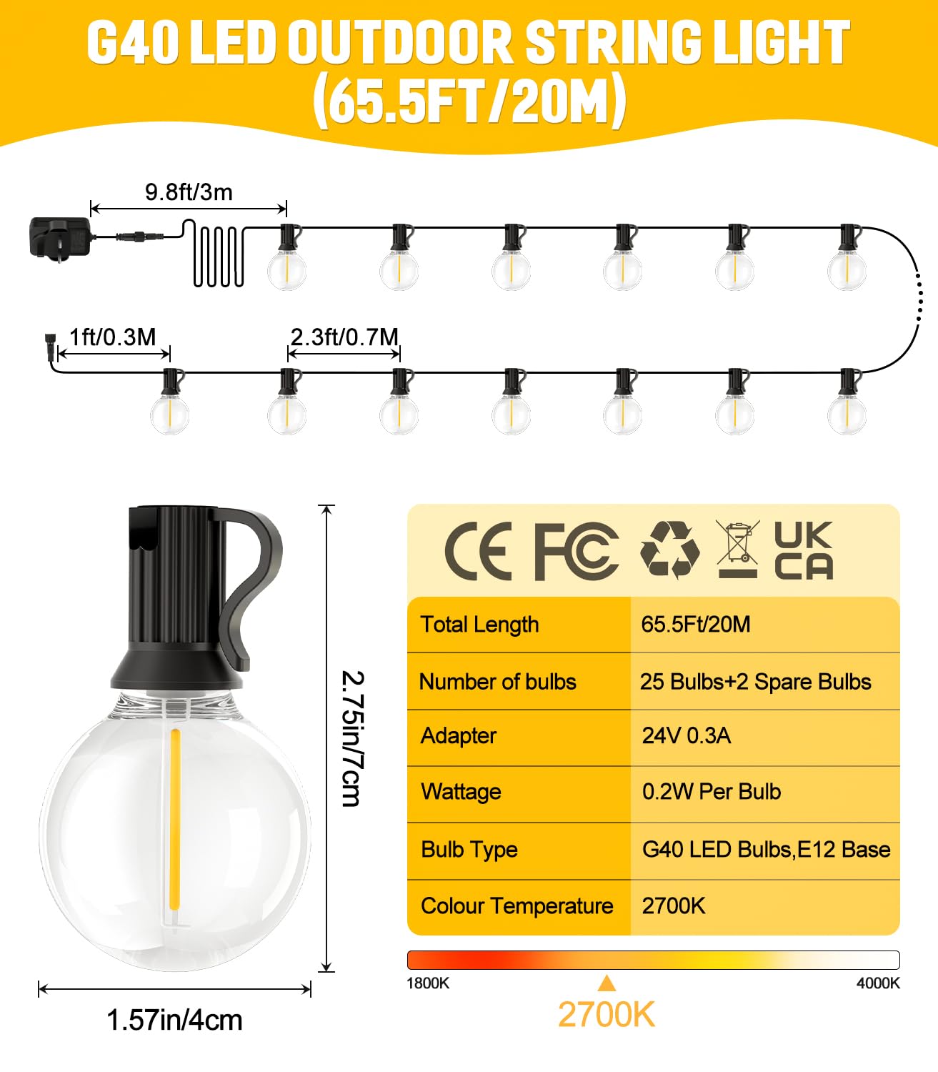 Outdoor Garden String Lights LED - 65.5Ft G40 20M Festoon Light Mains Powered with Remote Control Dimmable Timer Outside Lighting Waterproof Shatterproof Bulb Hanging for Balcony Gazebo Patio Pergola