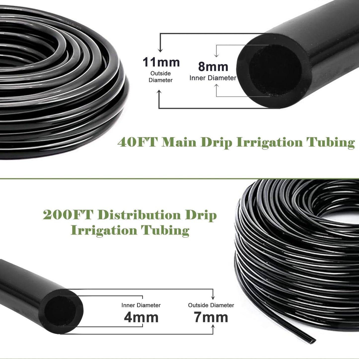200FT-40FT Irrigation System Kit, Automatic Watering System with 8/11mm Main Irrigation Tubing 4/7mm Distribution Tubing and Accessories, Drip Irrigation System for Greenhouse, Yard, Lawn, Plant
