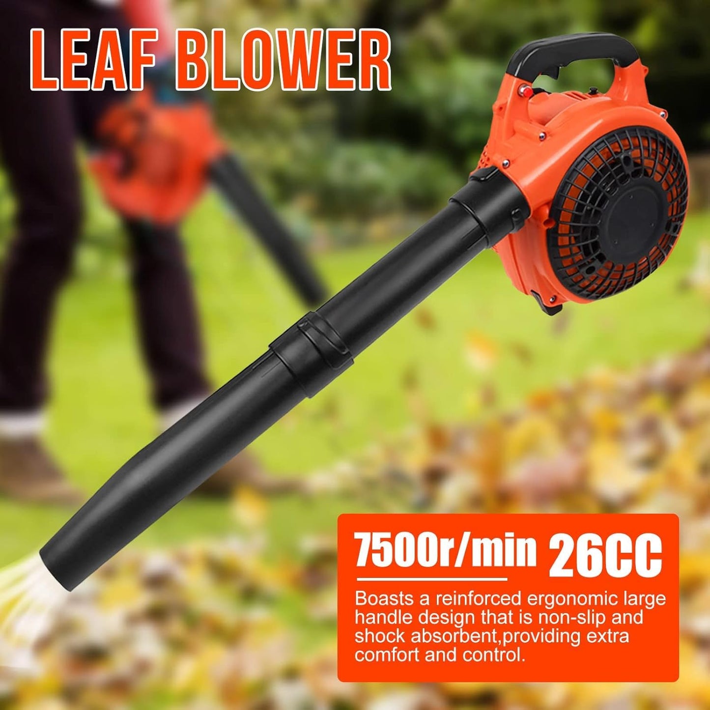 26cc Petrol Leaf Blower, Handheld Leaves Blowing Dust Snow with Adjustable Shoulder Strap for Patio Cleaning, Lawn Care, Leaves Garden Orange
