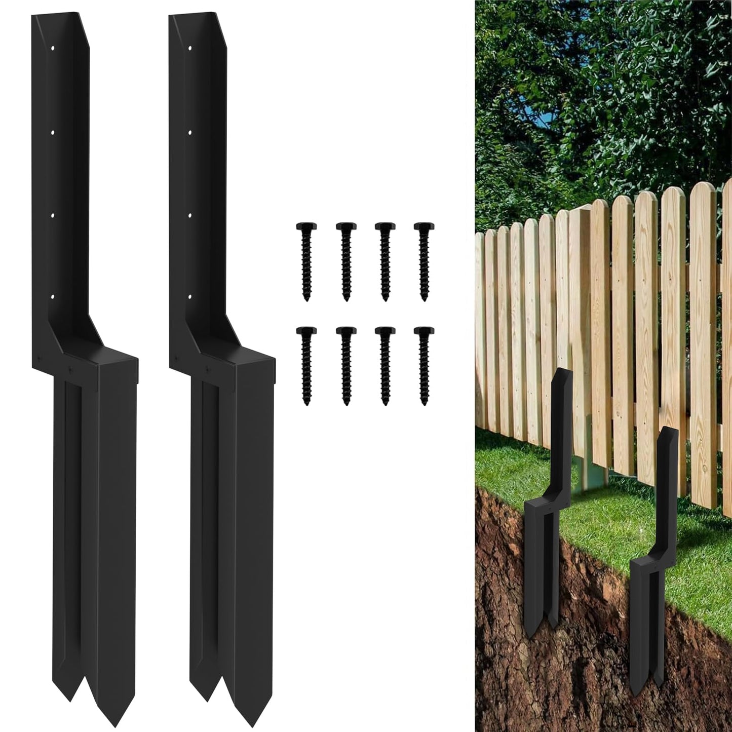 OZMSHF Thickened Fence Post Repair Kit，Upgraded Metal Fence Post Stakes with Reinforcement Column，Assembleable Steel Fence Post Spikes, Post buddy For Fix Broken Wooden Post Support (2 Pack/Black)