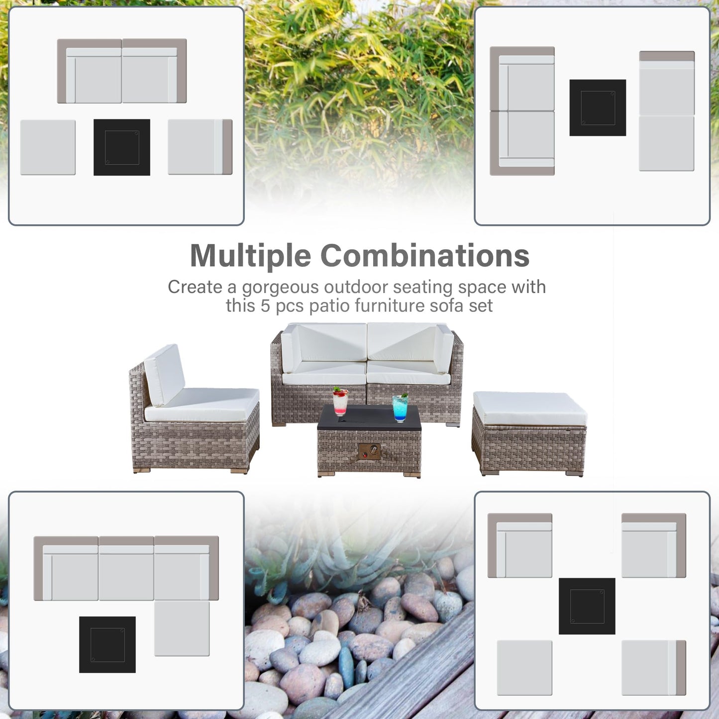 Aweather Rattan Garden Furniture Set with Fire Pit Table 5 Pieces Outdoor Sectional Sofa Set, CSA Certification, All Weather Wicker Patio Conversation Sets for Garden, Poolside, Backyard