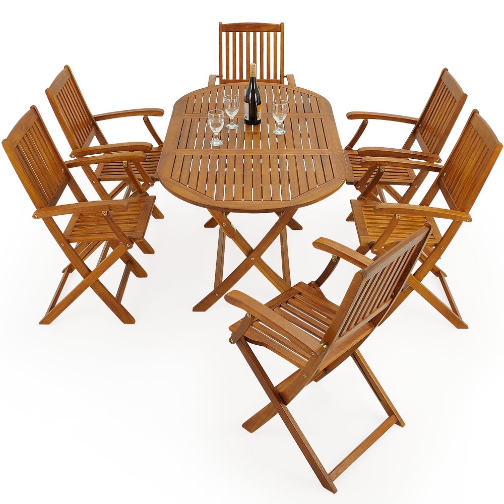 CASARIA® Boston Oval Dining Table and 6 High Back Chairs | FSC®-Certified Acacia Wood | Folding Conservatory Patio Outdoor Furniture Set | Weather Resistant | 160 x 85 cm